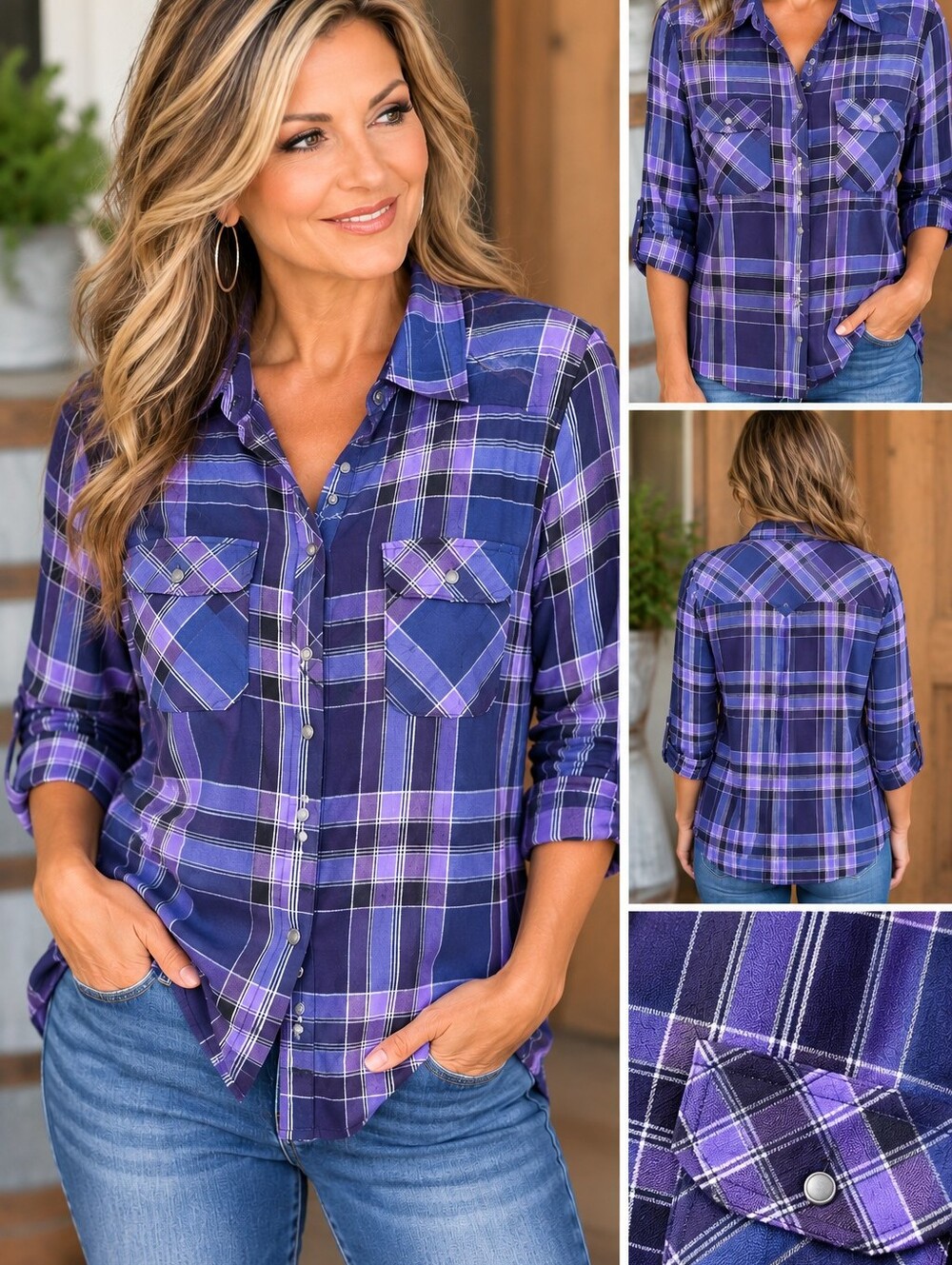 Croft & Barrow Purple and Navy Blue Plaid Button-Down Shirt Flannel